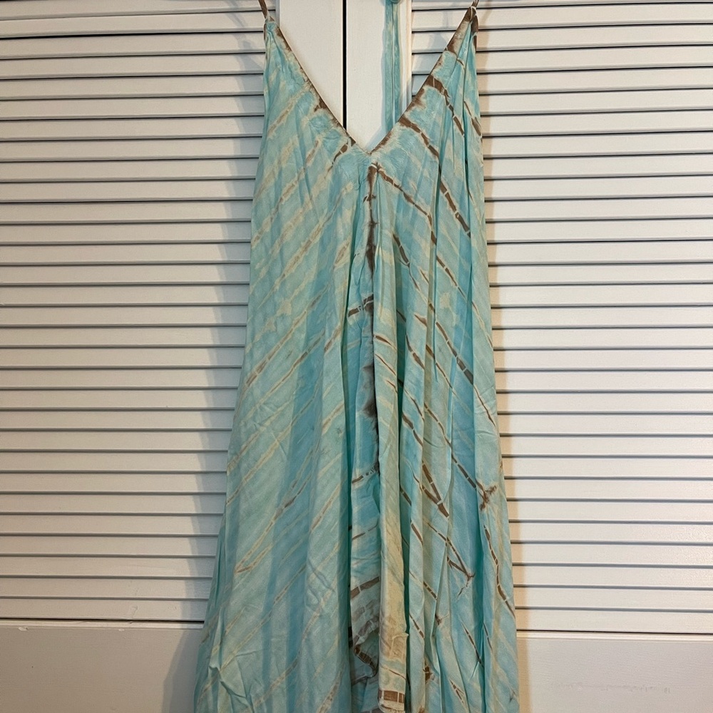 Elegant light blue , green and Brown Striped Dress  Size : S- L